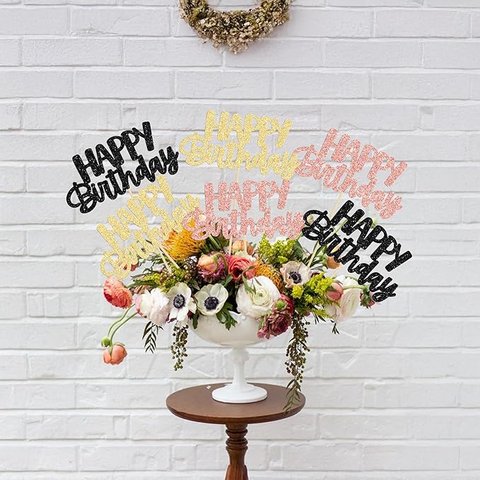 Gyufise 12Pcs Happy Birthday Centerpieces Sticks Double Sided Glitter Birthday Party Decorations Anniversary Table Flower Centerpiece for Celebrating Party Supplies Black Gold Rose Gold