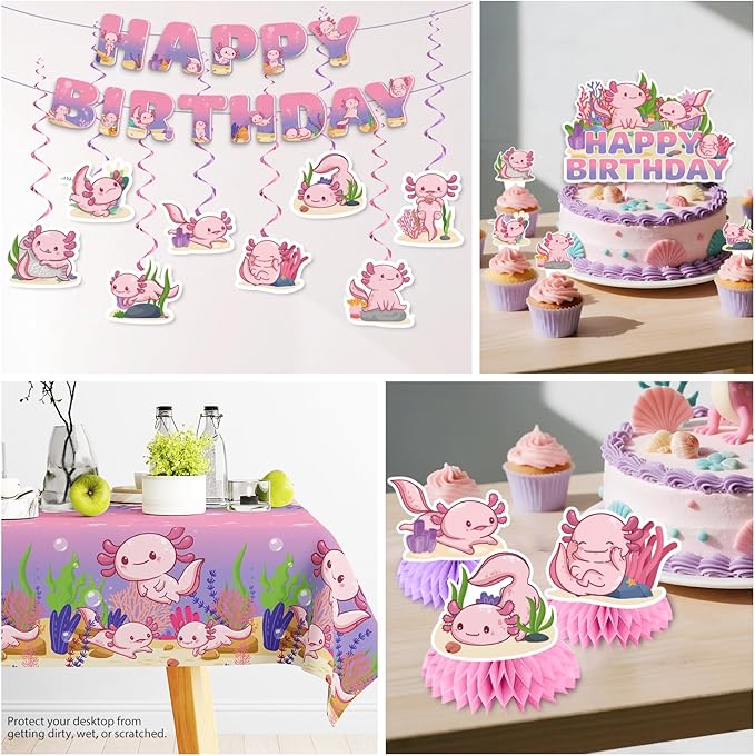 Axolotl Birthday Decorations Pink Axolotl Party Decorations Cake Cupcake Topper Balloons Banner Plates and Napkins Serve 50, Table Cloth Axolotl Party Supplies for Girls Cartoon Fun Animal Party