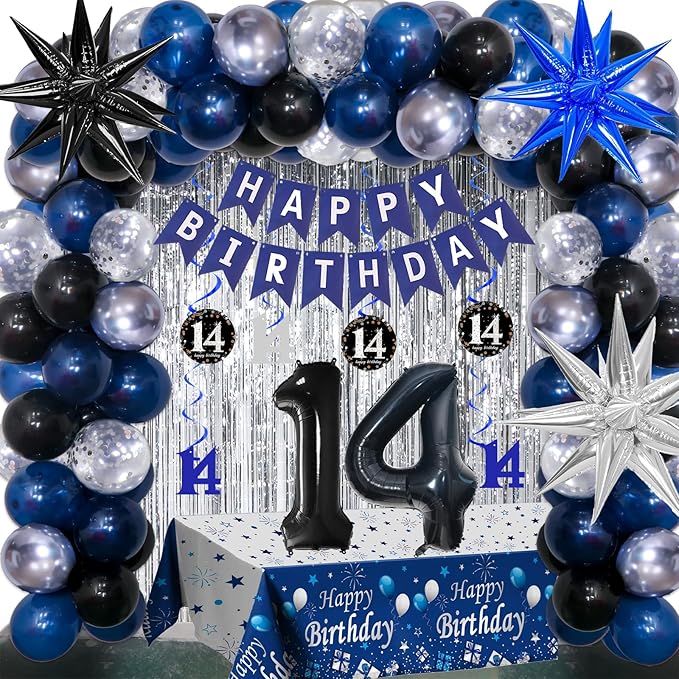 14th Birthday Decorations for Boys and Girls Dark Blue, 14 Party Decorations with HAPPY BIRTHDAY Banner 14 Balloon Number Tablecloth Foil Star Balloons Garland Arch Kit-14 Year Old Party Supplies