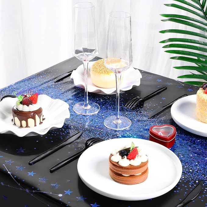 Tudomro 3 Pcs Happy Birthday Tablecloths Happy Birthday Party Decorations Plastic Table Cover Rectangular Cloths for Women Men Baby Shower Party Supplies, 108 x 54 Inch (Black Blue)