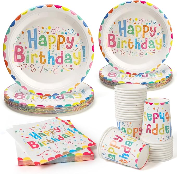 100Pcs Birthday Plates Party Supplies Happy Birthday Paper Plates Cups and Napkins for Baby Shower Kids Birthday Party Decorations, Serves 25
