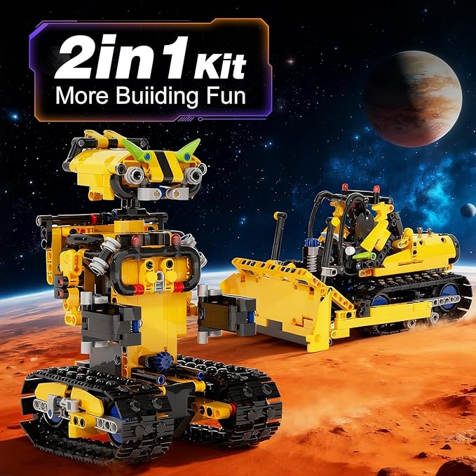 2-in-1 Build a Robot Kit, Remote & APP Controlled Robotic Building Blocks Toys STEM Projects for Kids Ages 8 9 10 11 12 13 14,Chirstmas Birthday Gift for Boys (RC Bulldozer)