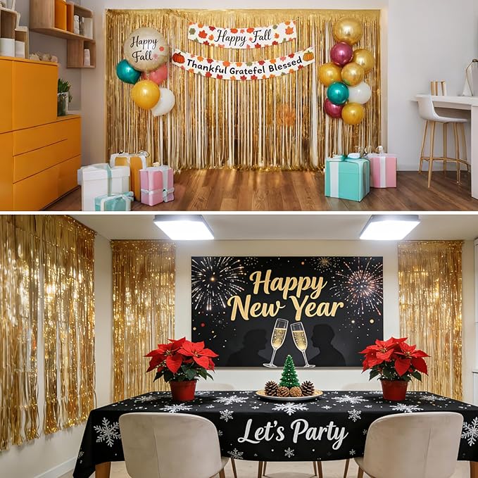 Gold Foil Fringe Backdrop Curtains 2 Pack 3.3x8.2 Ft Tinsel Streamer Fringe Backdrop Door Streamers for New Years Eve Decoration Graduation Birthday Baby Shower Gender Reveal Disco Party