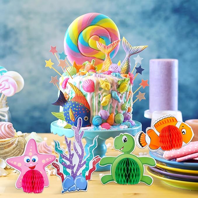 WILLBOND 12 Pieces Under The Sea Honeycomb Centerpiece Ocean Themed Party Table Decoration Ocean Animal Fish Creature Mermaid for Birthday Beach Shower Party Supplies
