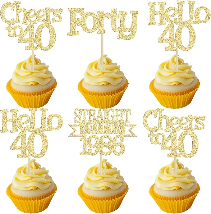 Ephlyn 24Pcs Happy 40th Birthday Cupcake Toppers Glitter Forty Cupcake Picks Hello 40 Cheers to 40 Years Birthday Cake Decorations for 40th Birthday Anniversary Party Supplies Gold
