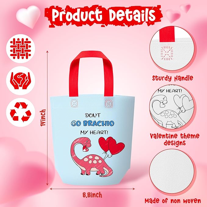 Valentine Coloring Goodie Bags for Kids - 24Pcs Dinosaur Bulk Color Your Own Gift Bags with Handle Valentine's Day Reusable Coloring Non Woven Tote Bag for DIY Craft Painting Party Favor Supplies