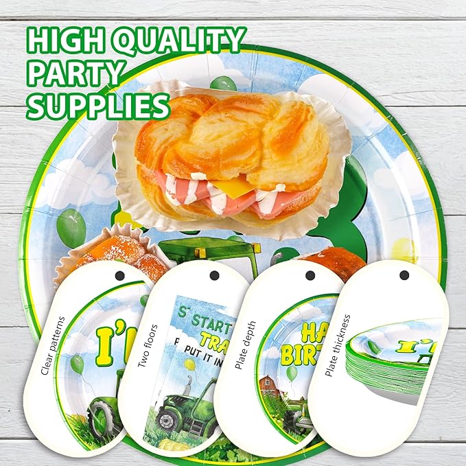 Grencian 96Pcs Tractor Birthday Party Decorations Tractor 3rd Birthday Party Plates Disposable Green Tractors Paper Tableware Set for Kids Boys 3 Years Old Supplies Serves 24