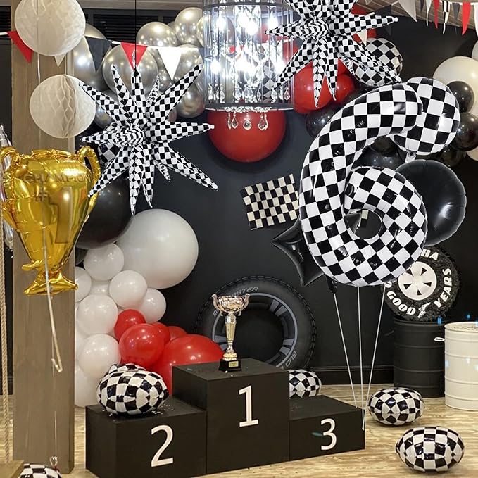 TONIFUL 40 Inch Checkered 6th Birthday Balloons Set Number 6 Race Car Black White Checkered Round Explosion Star Balloons Boys Race Car Themed Birthday Party Decoraction