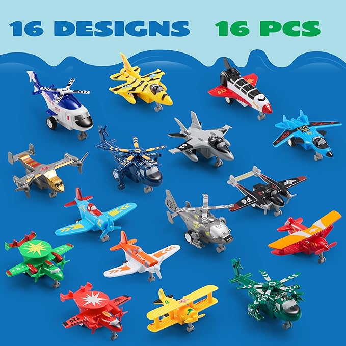 JOYIN 16 Pcs Pull Back Airplane Toys, Boys Plane Playset, Aircraft Incl Helicopter, Fighter, Bomber, Gifts for Toddler Kids 3+ Years Old, Easter Basket, Treasure Box Toys for Classroom