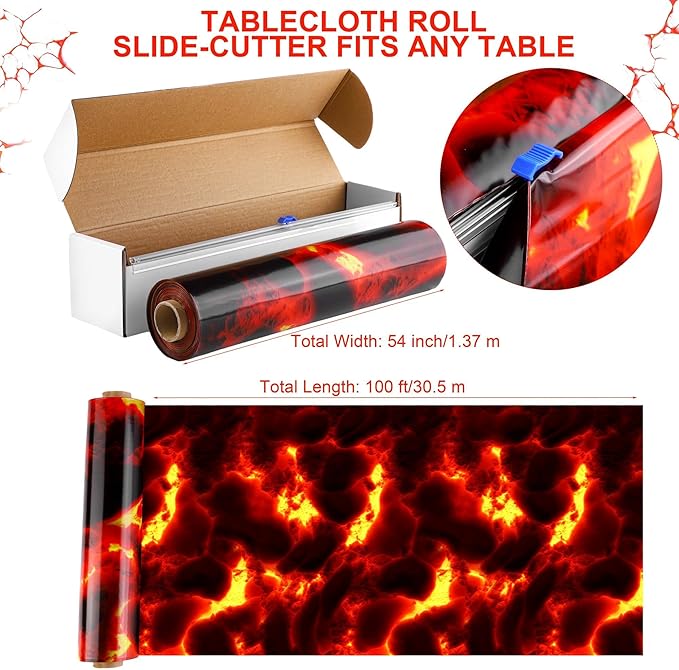 Kochorie Lava Tablecloth Roll with Cutter Box 100 Ft X 54 Inch Frame Volcano Table Cover Disposable Hot Lava Plastic Party Supplies for Volcano Dinosaur Theme Party Halloween Game Decorations
