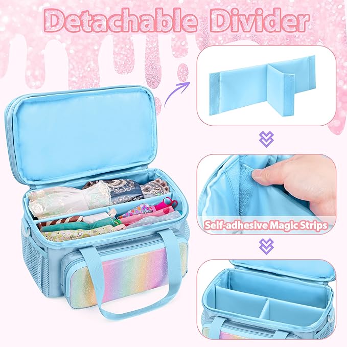 Carrying Case Compatible with Barbie Doll Clothes, Doll Accessories Storage Organizer, Double Layer Design, with Handle and Detachable Shoulder Strap, Case only (Blue)