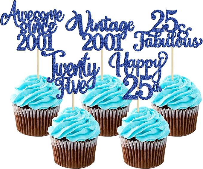 Ephlyn 30Pcs Happy 25th Birthday Cupcake Toppers Glitter Twenty-Five 25 Fabulous Vintage 2001 Cupcake Picks for 25th Birthday Anniversary Retirement Party Cake Decorations Supplies Dark Blue