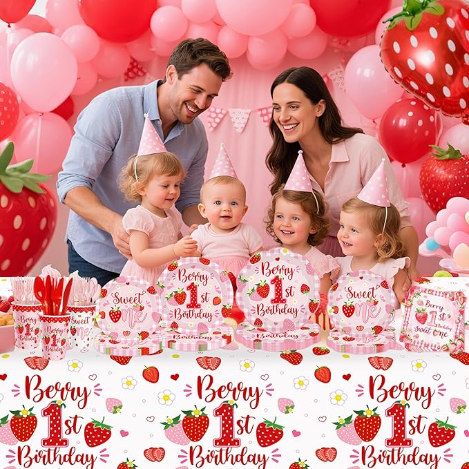 212ps Berry First Birthday Decor Strawberry 1st Birthday Paper Plates Cups Napkins Tablecloth Forks Tableware Berry 1st Bday Party Supplies Sweet One Girls Strawberry Baby Shower Decorations Serve 30