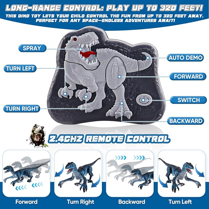 Remote Control Dinosaur Toys for Kids, Dinosaur Toys for Boys Big Walking Velociraptor Dino with Light Sound and Spray Stream Birthday Gift Ideas for Boys and Girls 3-5 4-7 Year Old