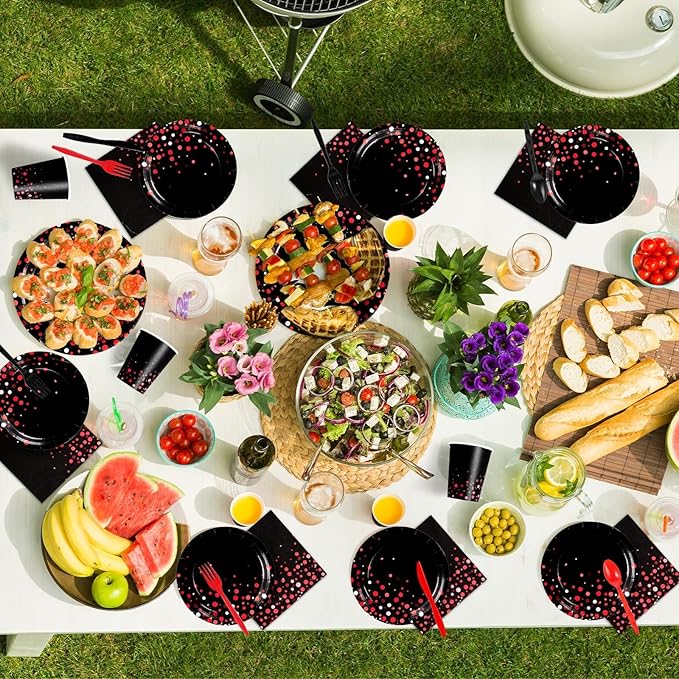 Grencian 168Pcs Black and Red Party Decorations Red Dot on Black Plates Napkins Cups Forks Knives Spoons Disposable Paper Tableware for Birthday Wedding Party Supplies, Serves 24