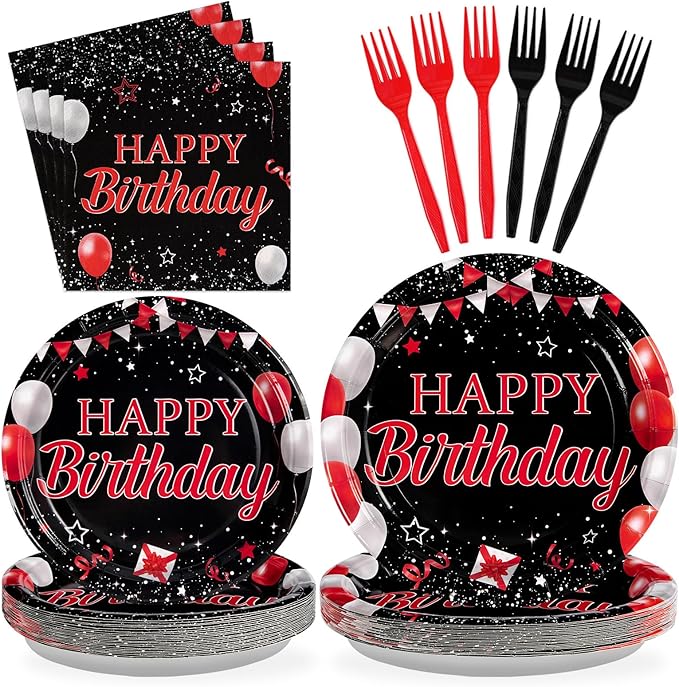Grencian 96Pcs Red and Black Birthday Party Decorations Valentine's Day Red and Black Plates and Napkins Disposable Tableware Set for Birthday Valentine's Day Party Supplies, Serves 24