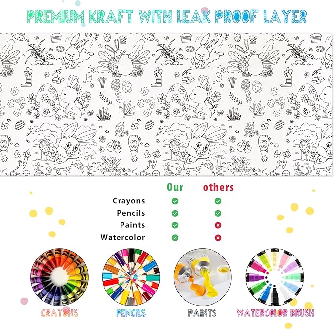 Spring Easter Coloring Tablecloth for Kids: 72x30 Inch Activity Poster Crafts, Classroom Game, Spring and Easter Paper Table Cloth & Cover, Bunny & Egg Tablecloth Banner Party Supplies Decoration