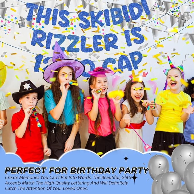 Fulmoon Pre Strung This Skibidi Rizzler Is 12 No Cap Glitter Banner 12th Birthday Party Decorations, Funny Birthday Sign, Party Supplies, Ideas, Gifts, Dark Blue