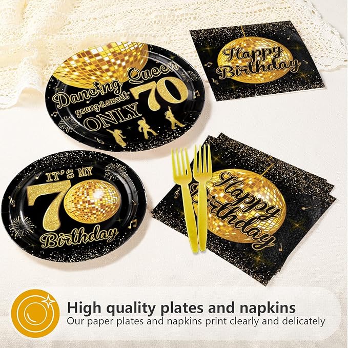 96Pcs Happy 70th Birthday Party Supplies Dancing Queen Young and Sweet Only 70 Plates and Napkins Disco Black Gold Tableware Set for Queen Women Cheers to 70 Years Party Supplies, Serves 24