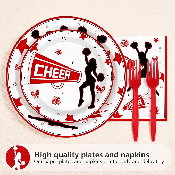 96Pcs Cheerleading Party Supplies Cheerleader and Loudspeaker Plates and Napkins Red Black White Cheerleader Tableware Set for Team Cheer Sports Gymnastics Birthday Party Supplies，Serves 24