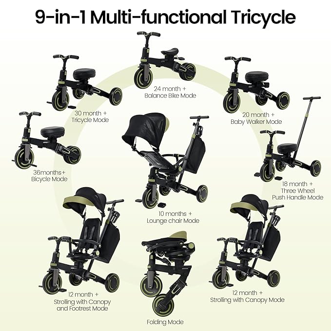 Aneco 9-in-1 Multi-functional Baby Tricycle for Toddlers 10 Months-3 Years with Removable Canopy Rotatable Seat Safety Harness Wheel Brake Adjustable Push Handle Storage Bag Cup Holder Black and Green