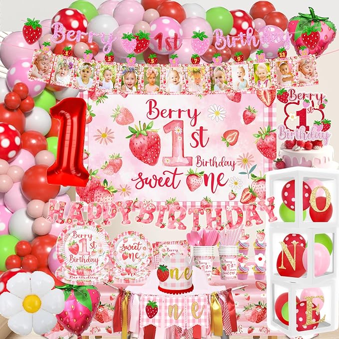 Strawberry first Birthday Decorations for Girls Berry Sweet One Strawberry 1st Birthday Decor Party Supplies include Photo Banner Highchair Banner Crown Balloon Boxes Backdrop Tableware Set
