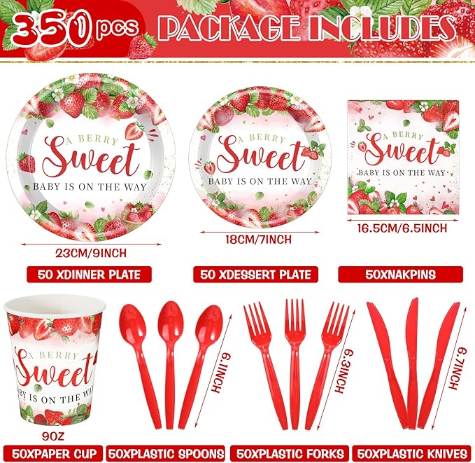Dandat 350 Pcs Baby Shower Plates Set Baby Shower Party Supplies Serves 50 Tableware Sets Include Plates Napkin Cup Forks Knives Spoons Disposable Dinnerware(Strawberry,Red)