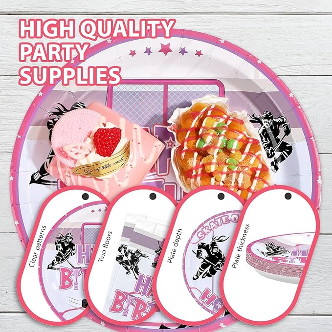 96Pcs Pink Hockey Birthday Party Supplies Hockey Girl Birthday Party Plates and Napkins Tableware Set for Girls Kid's Fans Gameday Sports Themed Party Decorations Serves 24