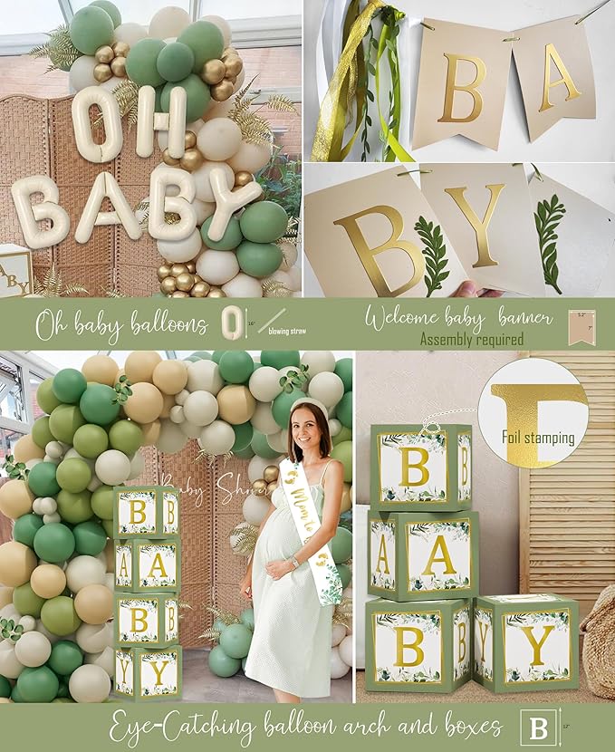 Sage Green Baby Shower Decorations, Gender Neutral Baby Shower Decorations, Greenery BabyShower Party Supplies, Oh Baby Backdrop Tablecloth Balloon Garland BABY Box Welcome Baby Banner