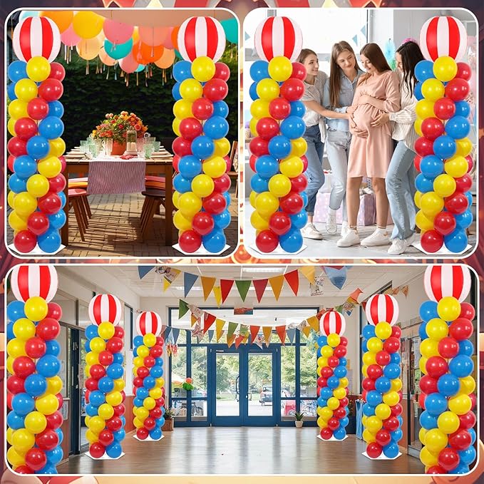 2 Sets Carnival Circus Balloon Column Stand Kit with 102 Balloons 5.57ft Adjustable Balloon Tower Stand with Bases Red and White Striped Balloons Arch Column for Carnival Birthday Party Supplies