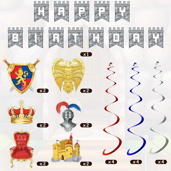 25 Pieces Medieval Birthday Banner Castle Party Supplies Knight Birthday Decorations Medieval Whirls Hanging Decorations Stone Wall Shield Armour Shield for Party Supplies