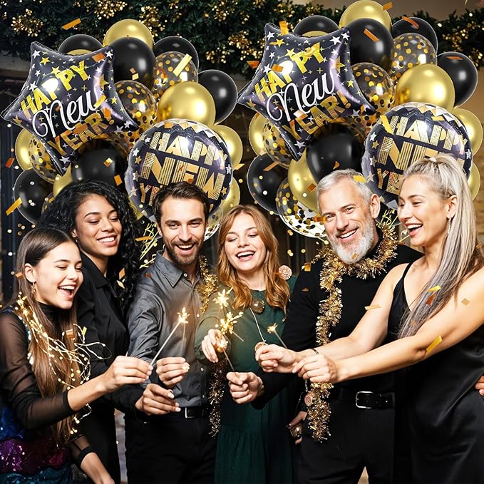 New Year Balloons Back Gold, Happy New Year 2026 Decorations Set, 50 Pcs 12Inch Eve Party Balloon Foil Balloons For 2026 Years Eve Party Supplies Decorations