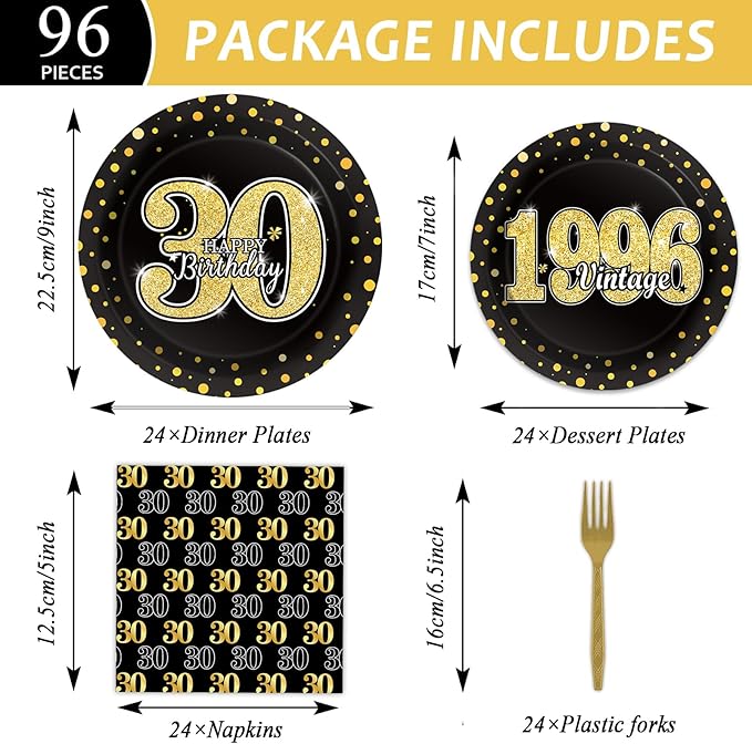 96PCS 30th Theme Birthday Party Tableware Vintage 1996 Party Supplies 30 Year Old Birthday Decorations Plates Napkins Forks Black and Gold Dinnerware Favors for Men or Women
