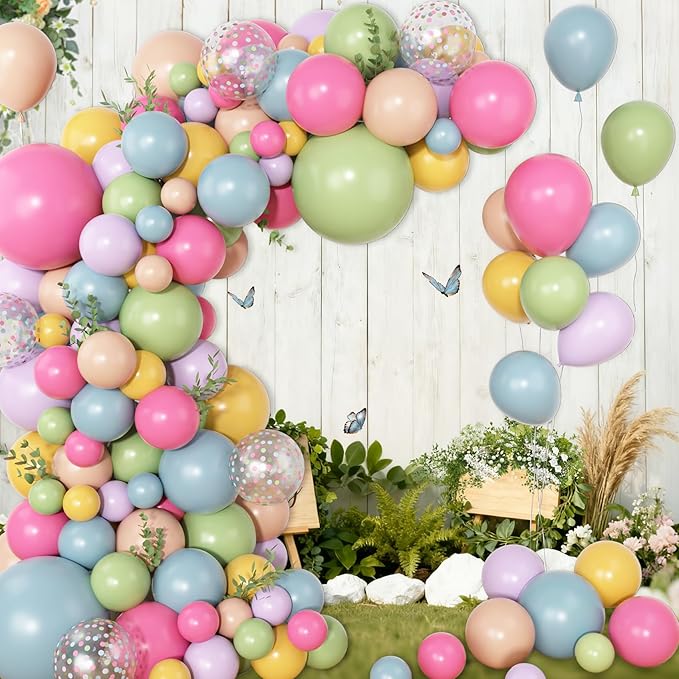 Amandir 153Pcs Spring Flower Balloons Arch Garland Kit Different Sizes 18 12 10 5inch Pink Green Yellow Dusty Blue Wildflower Balloons for Floral Baby in Bloom Shower Daisy Birthday Party Decorations