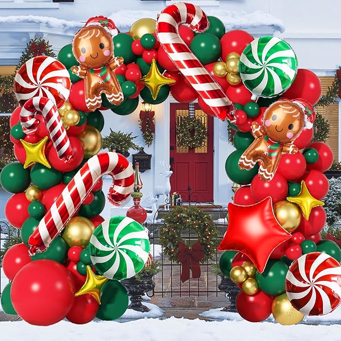 Christmas Balloon Garland Arch Kit Red Green Gold Latex Balloons Large Gingerbread Man Red Green Lollipop Candy Mini Cane Foil Balloons with Four/Five Pointed Star for Xmas New Year Party Decorations