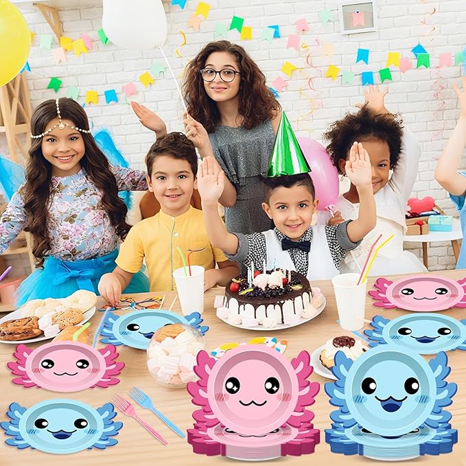 80Pcs Axolotl Birthday Party Plates 7 Inch Dessert Plates and Forks Cartoon Axolotl Dinner Paper Plates Dinnerware for Kids Boys Girls Party Baby Shower Decorations Supplies Favors