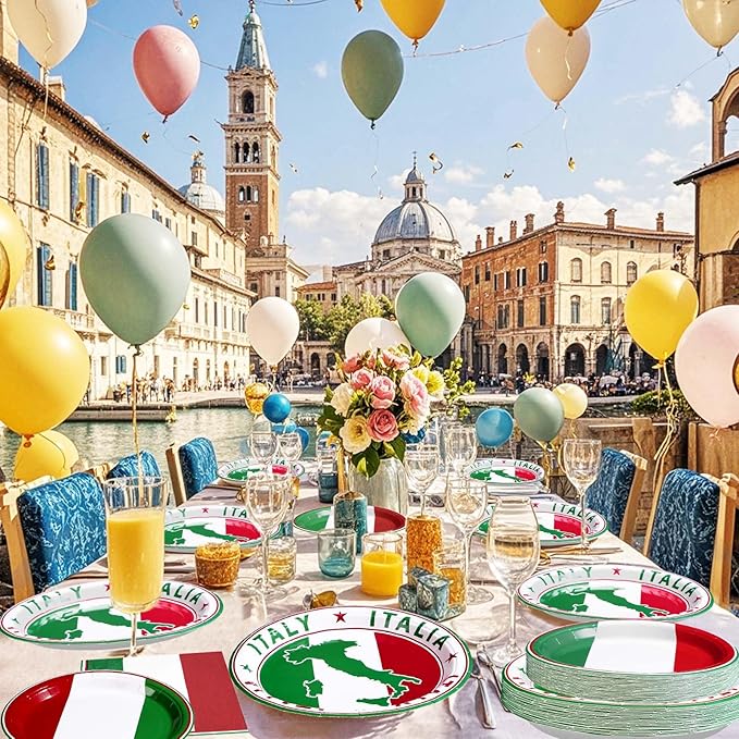 96Pcs Italian Flag Birthday Party Supplies Italy Flag Plates and Napkins Red White and Green Italian Tableware Sets for Pizza Baby Shower Picnic Holiday Family Reunion Party Decorations Serves 24