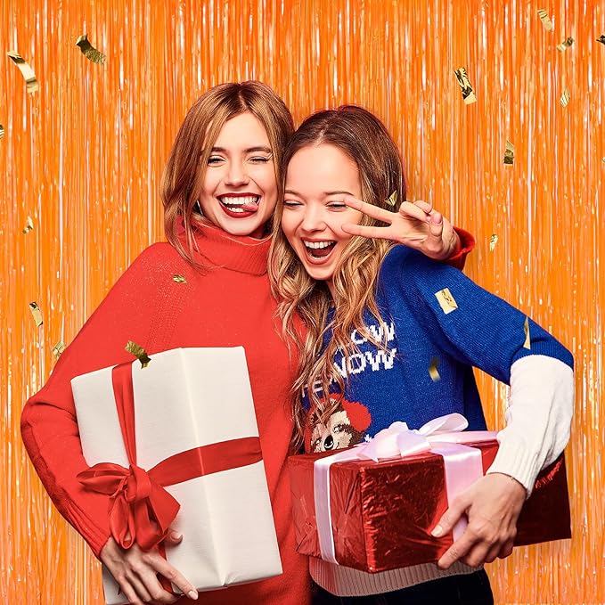 2PCS Macaron Orange Party Streamers 3.3x8.3Ft Foil Fringe Backdrop Curtains Tinsel Streamers Birthday Party Decorations Fringe for Graduation Wedding, Baby Shower Disco Party Anniversary Streamers