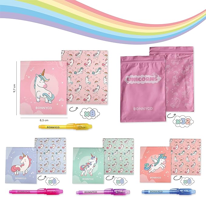 BONNYCO Invisible Ink Pen and Notebook Pack 32, Unicorn Party Favors for Kids. Magic Spy Pen Goodie Bags Stuffers for Kids, Unicorn Birthday Party Supplies. Goody Bag Stuffers, Return Gifts Prizes