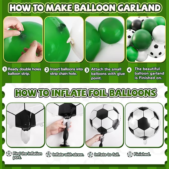 Soccer Party Decorations, 113Pcs 12 10 5 inch Soccer Balloons Garland Arch Kit Green White Black Balloons for Boys Soccer Sports Theme Birthday Party Decorations
