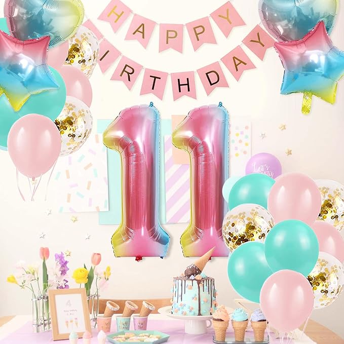 11th Birthday Decorations for Girls Gradient Color Age 11 Birthday Balloons with Happy Birthday Banner for Baby Showers Eleventh Birthday Party Supplies for Girls Boys (11th-Birthday)