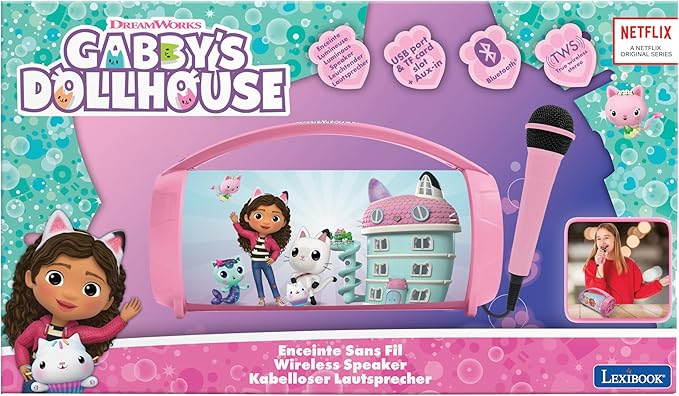 Lexibook, Gabby's Dollhouse, Wireless Light Speaker with Mic, Stereo Audio, Karaoke Function, USB and SD Card Ports, Rechargeable Battery, Handle to Take Everywhere, Pink, BTP585GDHZ