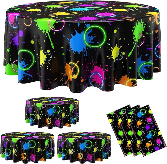 Oudain 3 Pcs Neon Party Table Cloths for Parties 84" Round Disposable Plastic Table Covers for Birthday Baby Shower 80s 90s Party Supplies Decor (Black)