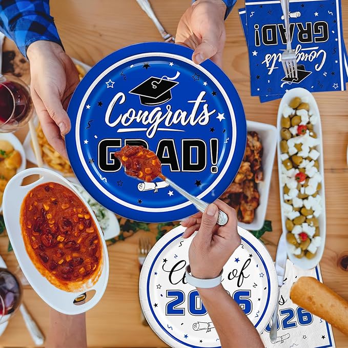 Graduation Blue Party Supplies Kit Dinner Plates Dessert Plates and Napkins for Congrats Grad Party Decorations, Serves 50