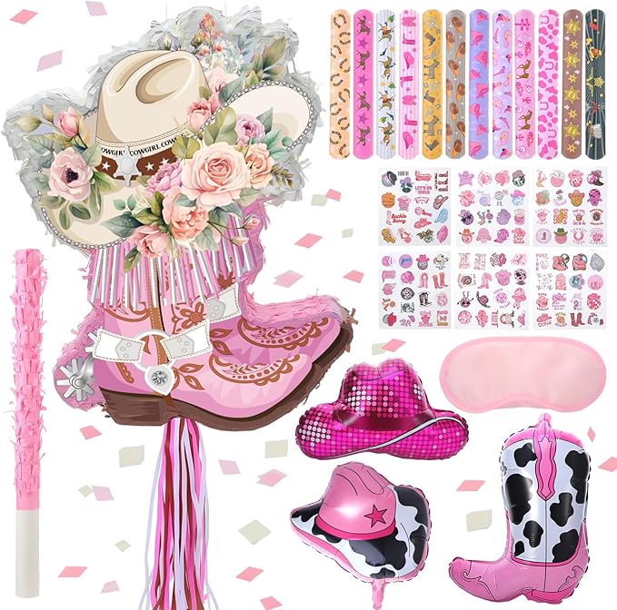 119pcs Cowgirl Boot Piñata Party Kit with Blindfold Hitting Stick Confetti Balloons Snap Bracelets Stickers for Western Cowboy Theme Birthday Party Decors