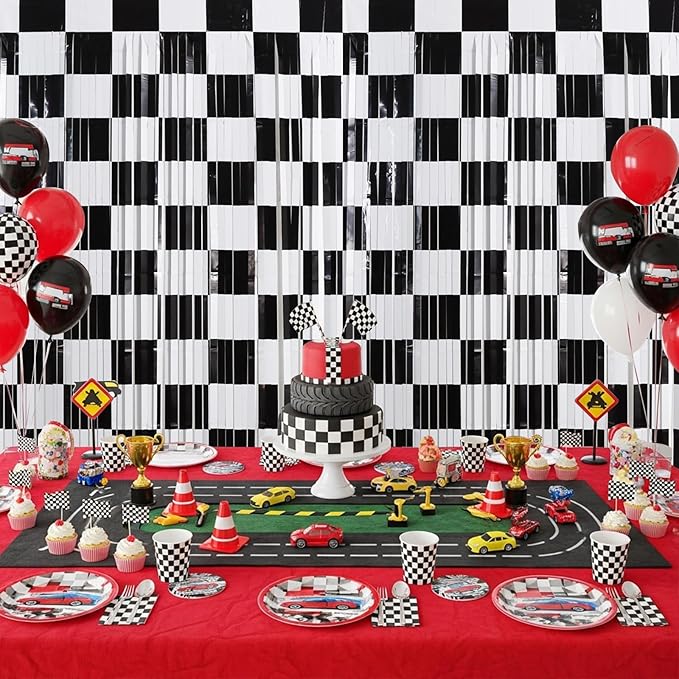 TONIFUL 2Pcs Checkered Door Streamers, Photo Booth Backdrop,Metallic Streamers Checkered Foil Fringe Curtains for Birthday,New Year,St. Patrick's Day Independence Day Labor Day Party Decor