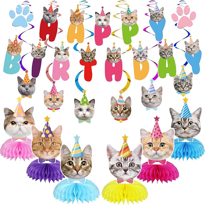 Cat Themed Birthday Decorations Cat Party Supplies, Includes 1 Birthday Banner, 6 Honeycomb Centerpieces, 6 Hanging Swirls with 6 Cutouts (Colorful Style)