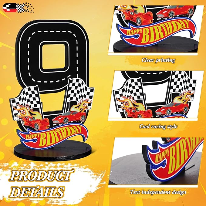 Race Car 9th Birthday Number Sign Centerpiece Race Car Theme 9th Birthday Party Supplies Wooden Table Decoration Photo Props for Boys Nine Years Old