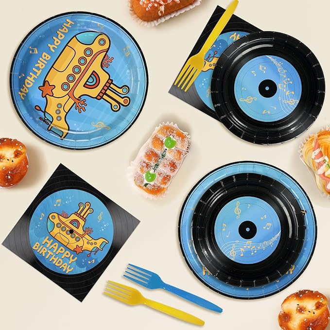 96 Pcs Submarine Theme Party Supplies Happy Birthday Plates and Napkins Retro Record Tableware Set for Boys Girls Adults Birthday Baby Shower Music Party Supplies, Serves 24