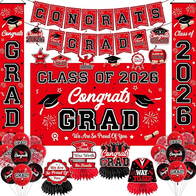 Graduation Decorations Class of 2026 Red and Black Party Decor Set include Congrats Grad Banner Graduation Backdrop Class of 2026 Balloons Party Supplies